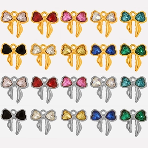 304 Stainless Steel Bow Pendant With Heart Rhinestone Sweet Elegant DIY Charm For Necklace Earring Women Fashion Jewelry