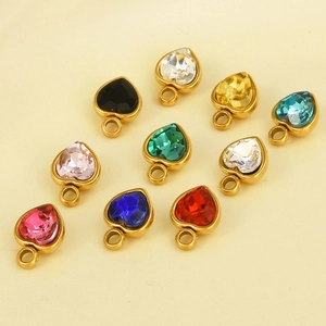 Detailed set of 10 colorful heart-shaped crystal pendants with gold plated metal bases