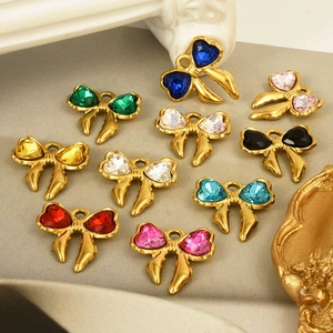 Colorful 304 stainless steel bow pendants with heart crystal stones for DIY jewelry