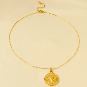 Golden 304 stainless steel necklace with a round compass pendant and adjustable lobster clasp