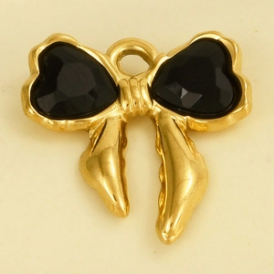 Detail of a 304 stainless steel gold bow pendant featuring black heart-shaped gemstones