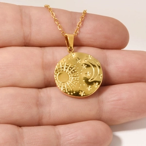 Minimalist 304 stainless steel necklace with sun and moon celestial embossed pendant