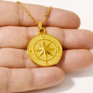 Elegant 304 stainless steel compass pendant necklace in gold with star engraving