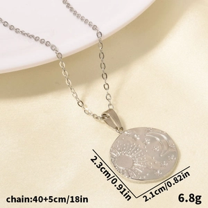 Detail view of 304 stainless steel necklace with sun moon star engraving and measurements