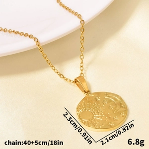 Gold 304 stainless steel necklace with embossed sun moon and star pendant charm