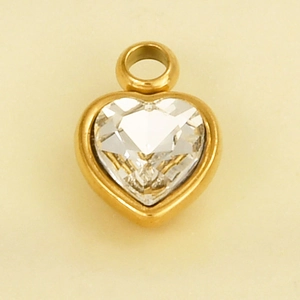 Macro detail of a 304 stainless steel heart pendant with sparkling clear glass crystal