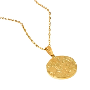 304 stainless steel gold necklace with celestial sun moon and star embossed pendant