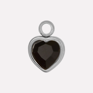 Close-up of heart-shaped 304 stainless steel pendant with black glass stone and silver frame