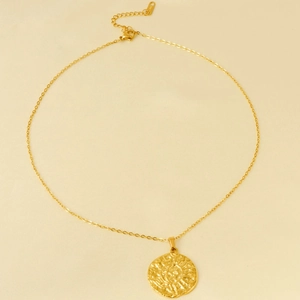 304 stainless steel sun pendant necklace with 18k gold plating and hammered texture