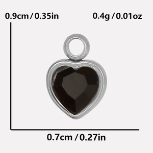 Detailed size specifications for heart-shaped pendant in stainless steel with glass crystal