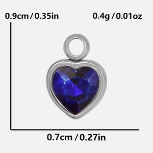 Detailed view of dark blue heart-shaped crystal pendant with silver steel bezel and dimensions