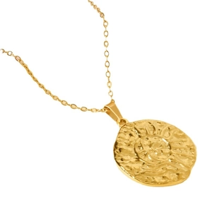 Vintage 304 stainless steel sun pendant necklace with hammered 18k gold plated finish