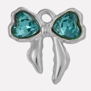 Detail showing bow pendant with heart-shaped blue crystals in 304 stainless steel