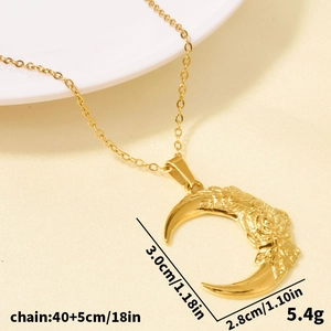 304 Stainless steel crescent moon necklace with rose engraving and gold finish pendant