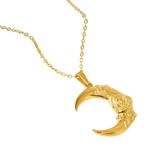 Gold 304 stainless steel crescent moon necklace with embossed rose floral pattern