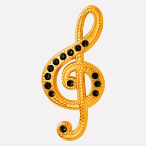 Vue détaillée du pendentif clé de sol doré orné de cristaux noirs étincelants