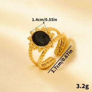 Bague vintage française ajustable avec pierre noire sur acier inoxydable doré tressé