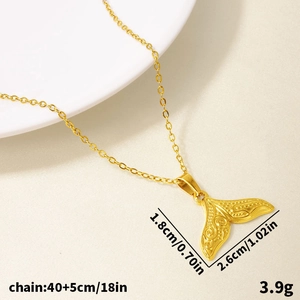 304 stainless steel fishtail pendant necklace with ornate scroll embossing and thin chain