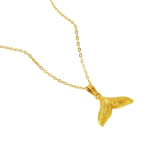 Polished 304 stainless steel fishtail pendant necklace with floral engraving in gold finish