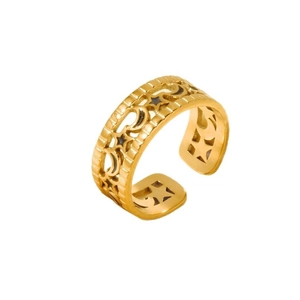 Vintage 304 Edelstahl Ring offen mit himmlischem Stern und Mond Ausschnitt Muster