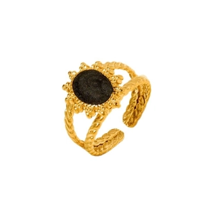Bague vintage française en acier inoxydable 304 avec motif soleil et pierre noire