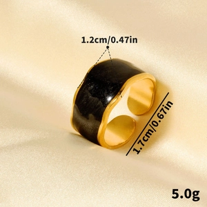 Minimalist wide 304 stainless steel gold open ring with black enamel finish
