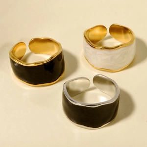 French Minimalist 304 Stainless Steel Open Ring Women Adjustable Wave Band Enamel Drip Oil Retro Style Finger Jewelry