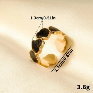 French vintage 304 stainless steel open ring with black enamel heart design