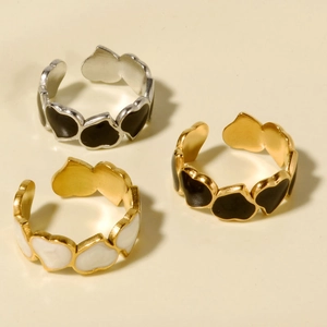 French Retro 304 Stainless Steel Heart Open Ring For Women Minimalist Adjustable Enamel Drip Jewelry Fashion Finger Ring