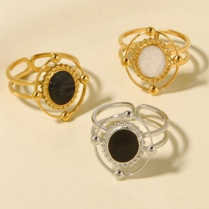 Vintage 304 Stainless Steel Celestial Open Ring For Women Hollow Design Enamel Planet Pattern Adjustable Finger Ring Jewelry