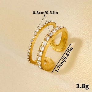 18k gold plated double layer stainless steel open ring with sparkling white rhinestones