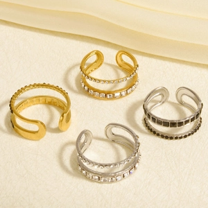 Double-layer stainless steel 18k gold plated rings set with sparkling zircon stones
