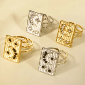 Edelstahl Offener Ring Für Damen Himmlische Sonne Mond Stern Auge Rechteckig Strass Verstellbarer Ring Schmuck