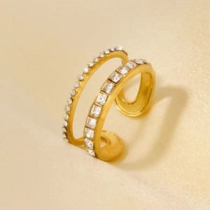 Close-up of double-layer gold plated ring featuring round and square set rhinestones