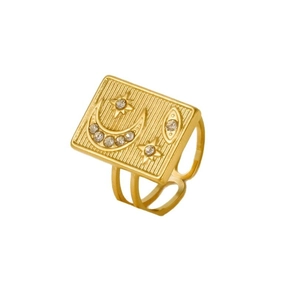 Ring aus 304 Edelstahl 18K vergoldet mit eingravierten Himmelssternen und Mondmotiven