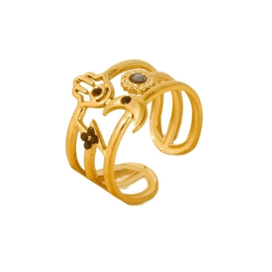 304 stainless steel layered gold ring with Hamsa hand, crescent moon and clover charms