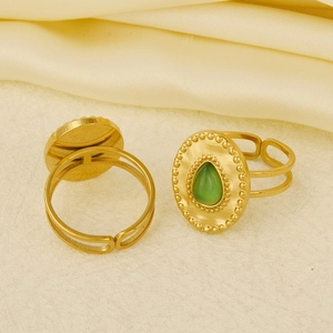 Bague Ouverte en Acier Inoxydable 304 Vintage pour Femme Design Minimaliste Pierre Naturelle Verte Goutte Bague Réglable Bijoux