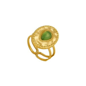 Bague vintage en acier inoxydable 304 avec pierre verte en poire et texture dorée martelée