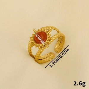 Retro stainless steel sun ring with amber stone and braided adjustable open band