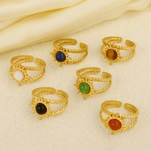 Retro 304 Stainless Steel Sun Star Natural Stone Open Ring For Women Bohemian Gold Plated Adjustable Finger Jewelry
