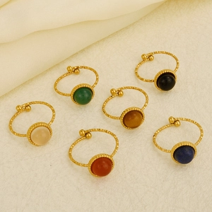 Anello in Acciaio Inossidabile con Pietra Naturale Tonda Intarsiata Anello Aperto Regolabile Placcato Oro 18K Gioielli Vintage Lusso Donna