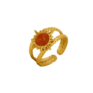 Retro stainless steel sun ring with red stone and croissant band on white background
