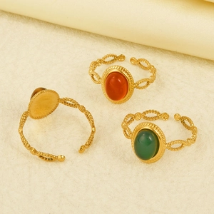 Retro 304 stainless steel gold-plated oval gemstone rings with elegant woven texture bands