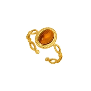 Vintage 304 stainless steel gold ring with oval tiger eye stone and braided band