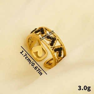 304 stainless steel gold open ring with hollow heart patterns and black gems