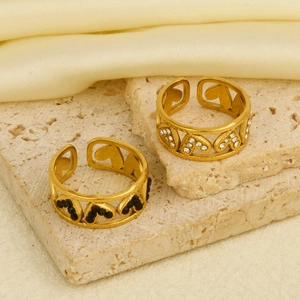 Vintage 304 stainless steel open rings with gold plating and heart-shaped crystals