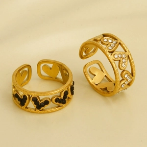 Vintage 304 Stainless Steel Hollow Heart Open Ring For Women Gold Plated Zirconia Adjustable Geometric Finger Ring Jewelry