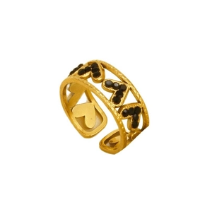 Vintage 304 stainless steel open ring with hollow heart pattern and black zircon inlay