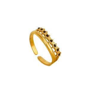 Double-layered 18k gold plated stainless steel open ring with black stone and twist band