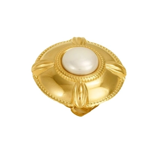 Minimalist gold stainless steel open ring with a large pearl and vintage leaf details